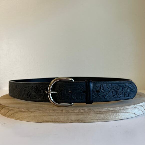Silver Creek USA Made Floral Tooled Black Genuine Leather Silver Belt Size Large - Picture 12 of 12